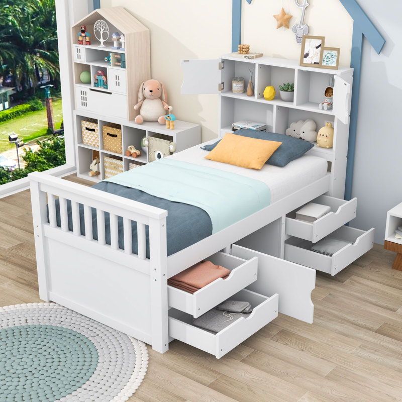 Valbona Twin 4 Drawers Wood Bookcase Platform Bed