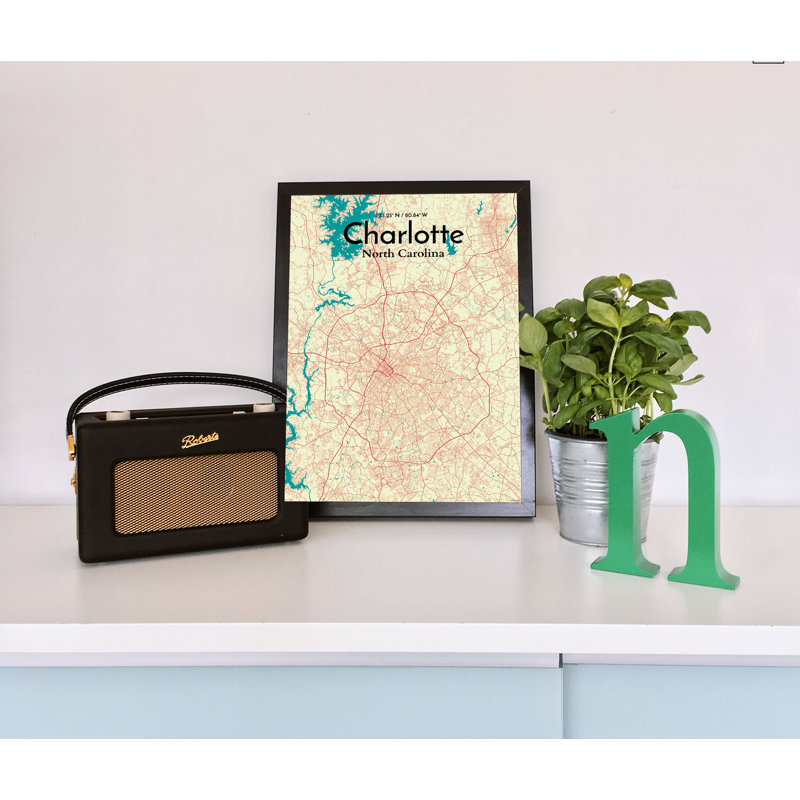 «Charlotte City Map», reproduction d'impression sur affiche en beige, H 17 po x l 11 po