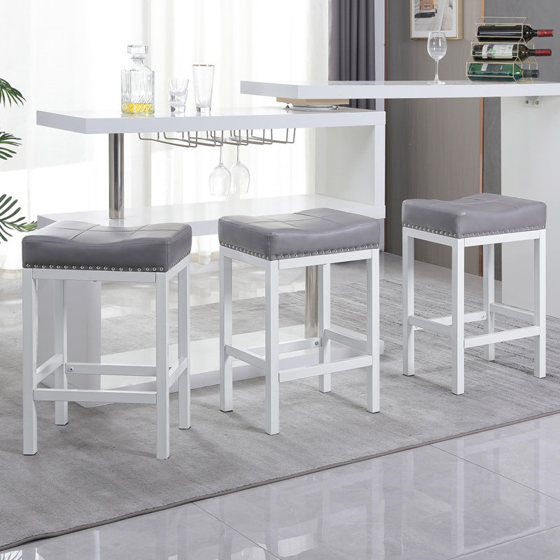 Backless Counter Stool with Metal Frame, Gray/White, 3