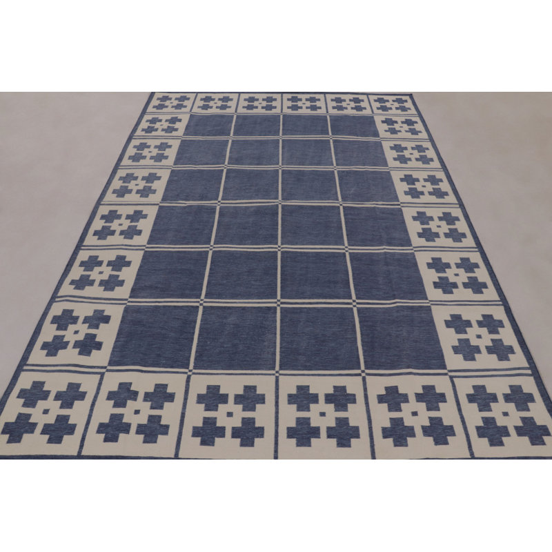 Rug & Kilim’S Contemporary India Dhurrie Rug In Navy And Beige Grid