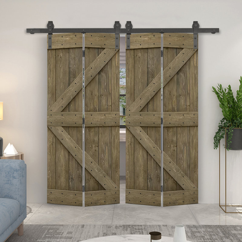 84'' Solid Wood Barn Doors Barn Door, 64 po x 84 po, Tonneau vieilli
