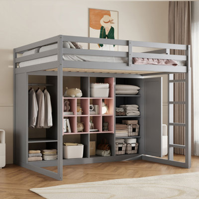 Lit mezzanine en bois avec garde-robe, tablettes et armoire