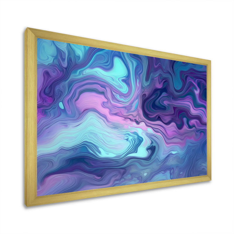 Turquoise mauve marbré fusion II - impression sur toile abstraite, H 24 po x l 32 po x P 1 po, Cadre doré à une seule photo