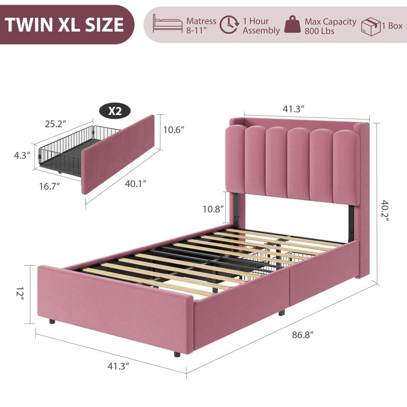 Structure de lit à DEL simple TG avec 2 tiroirs de rangement pour enfants, rose foncé