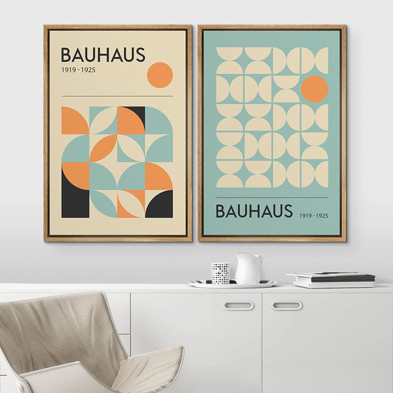 Classical Artwork Geometric Teal Abstract Mid-Century Modern Picture Framed Canvas 2 Pieces Print Wall Art, Brown