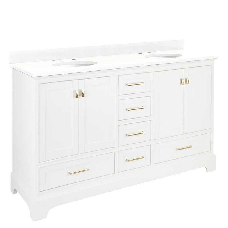 Ensemble de meuble-lavabo double autoportant Quen, Quartz blanc plume, Blanc doux, Laiton satiné