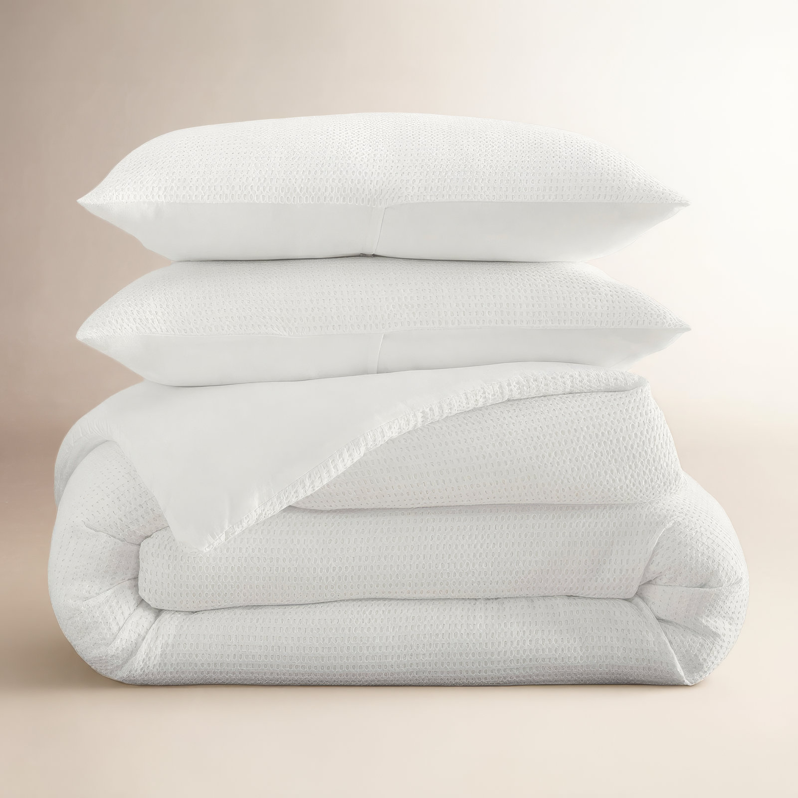 Felix Waffle Cotton Comforter Set, Full / Queen Comforter + 2 Standard Shams, White