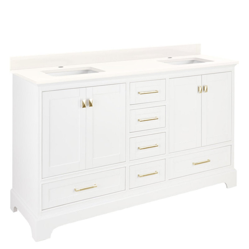 Quen 72" Freestanding Double Basin Vanity Set with Cabinet, Vanity Tops, Soft White, Single-Hole, Arctic White Quartz