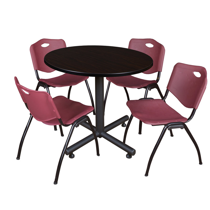 Regency Kobe Round X-Base Breakroom Table, 4 M Stack Chairs, Cherry, Burgundy