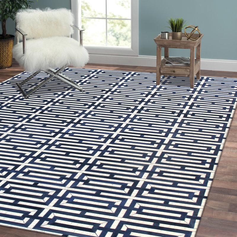 Blue and White Geometric Cowhide 4' x 6' Handmade Rug