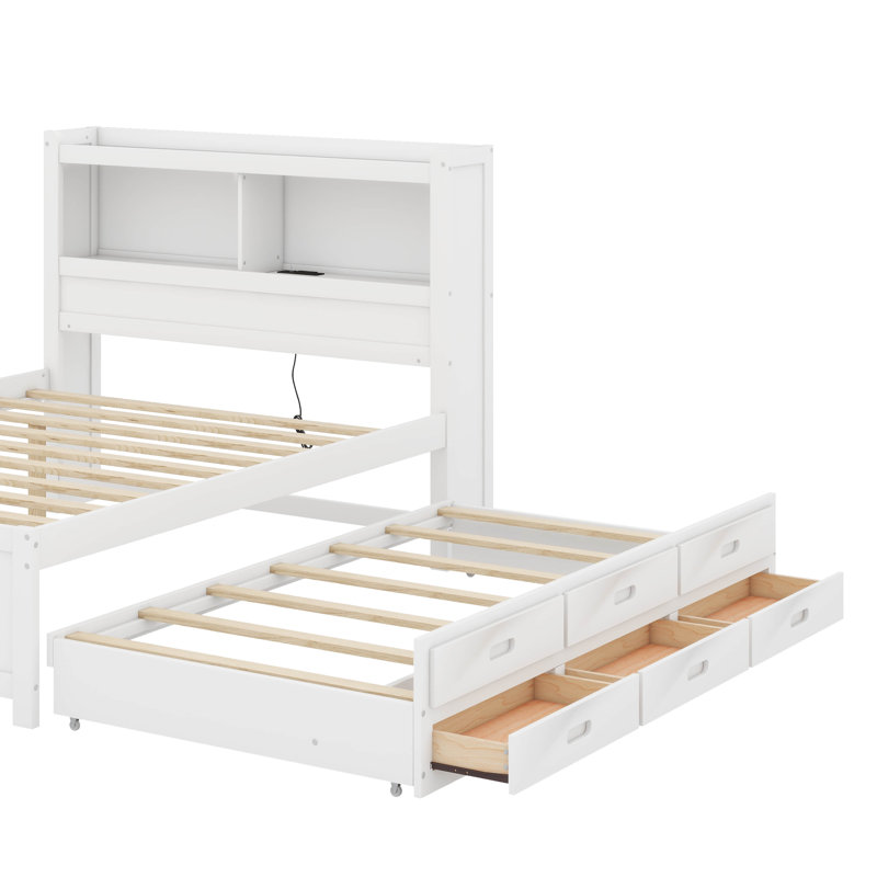 Lit plateforme double avec tiroirs, lit gigogne et prises USB, Blanc