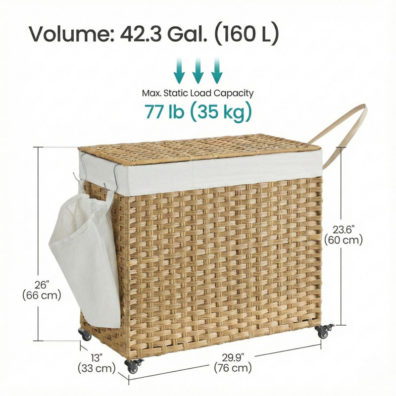 Panier à linge en rotin naturel 42,3 gallons à 3 sections