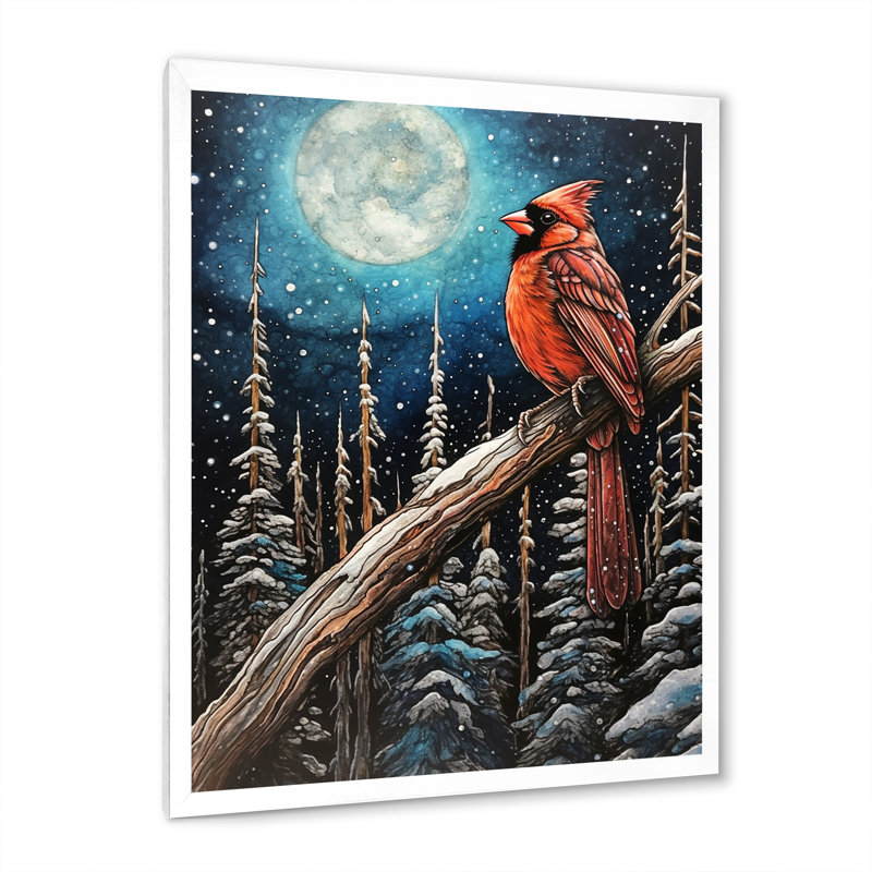 Red Cardinal Bird Under Full Moon I - Animals Bird Canvas Art Print, H 40 po x l 30 po x P 1,5 po, Cadre photo blanc