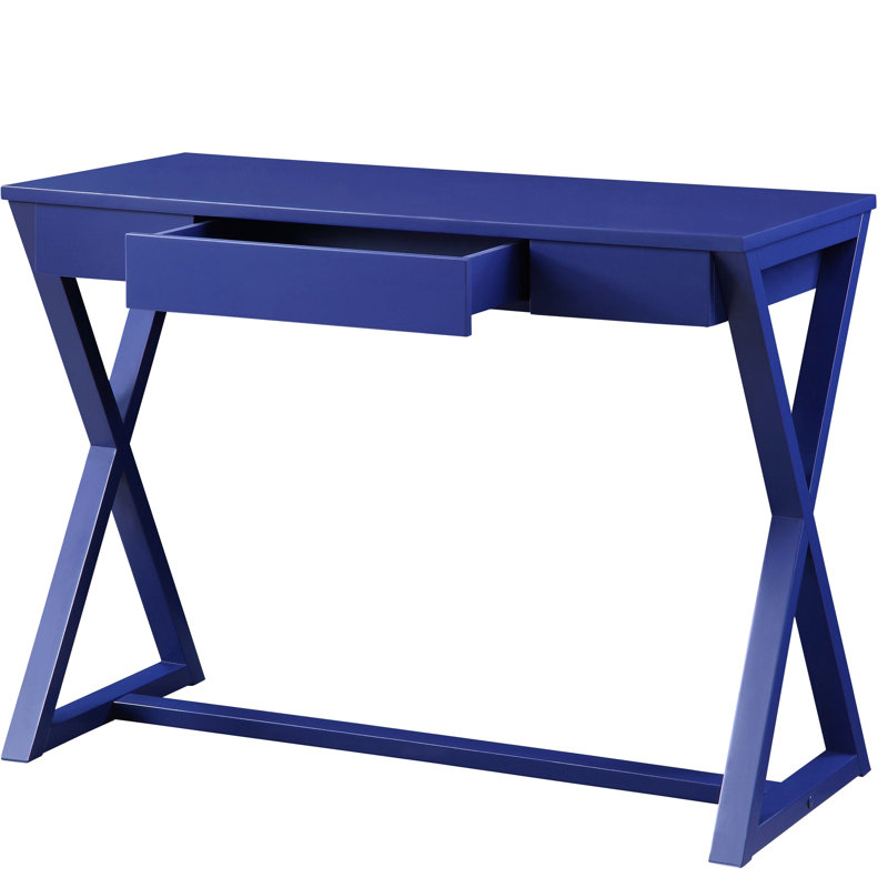 Table d'étude bleu crépuscule avec une grande surface de travail et un plateau en forme de X.