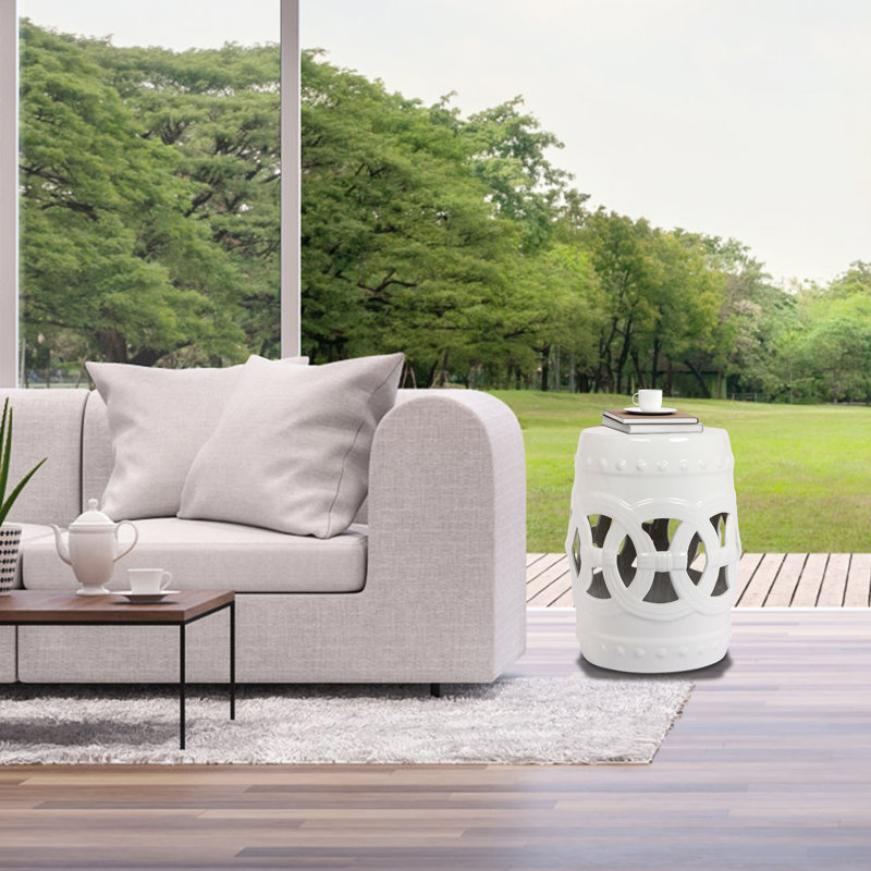 Table d'appoint de jardin 10,5 po x 17 po en céramique, émail blanc, utilisation intérieure / extérieure, tabouret d'appoint élégant pour intérieur / extérieur, charme élégant