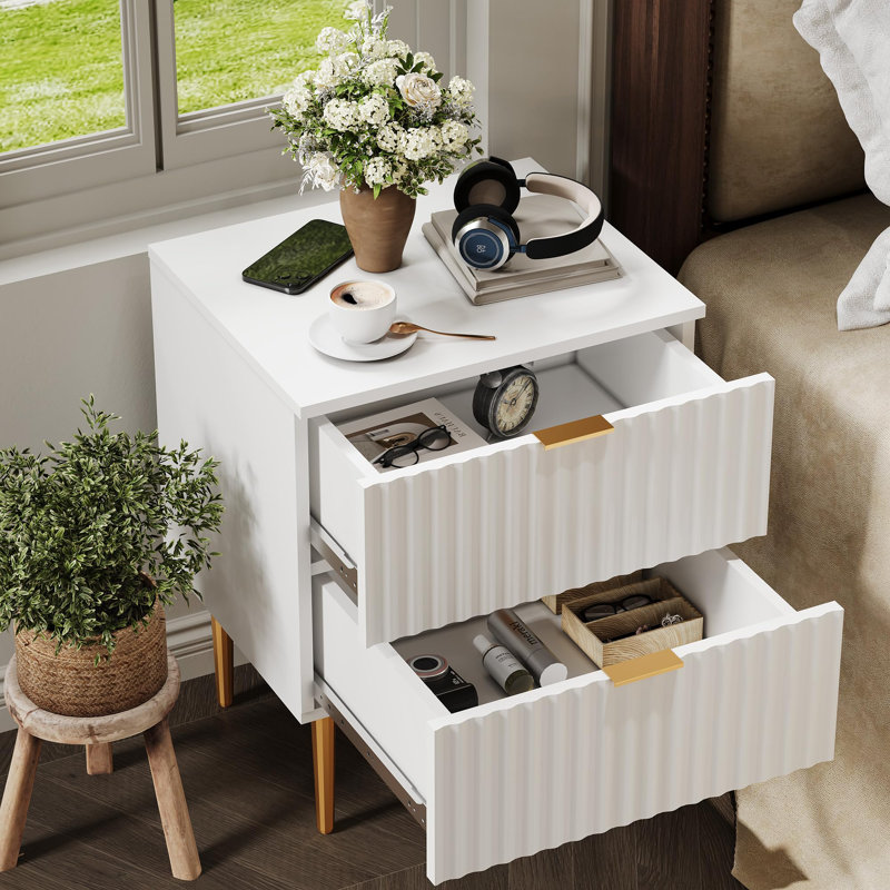 Modern Fluted Nightstand with Charging Station & 2 Drawers, Gold & Wood Bedside Table with USB Ports & Outlets
