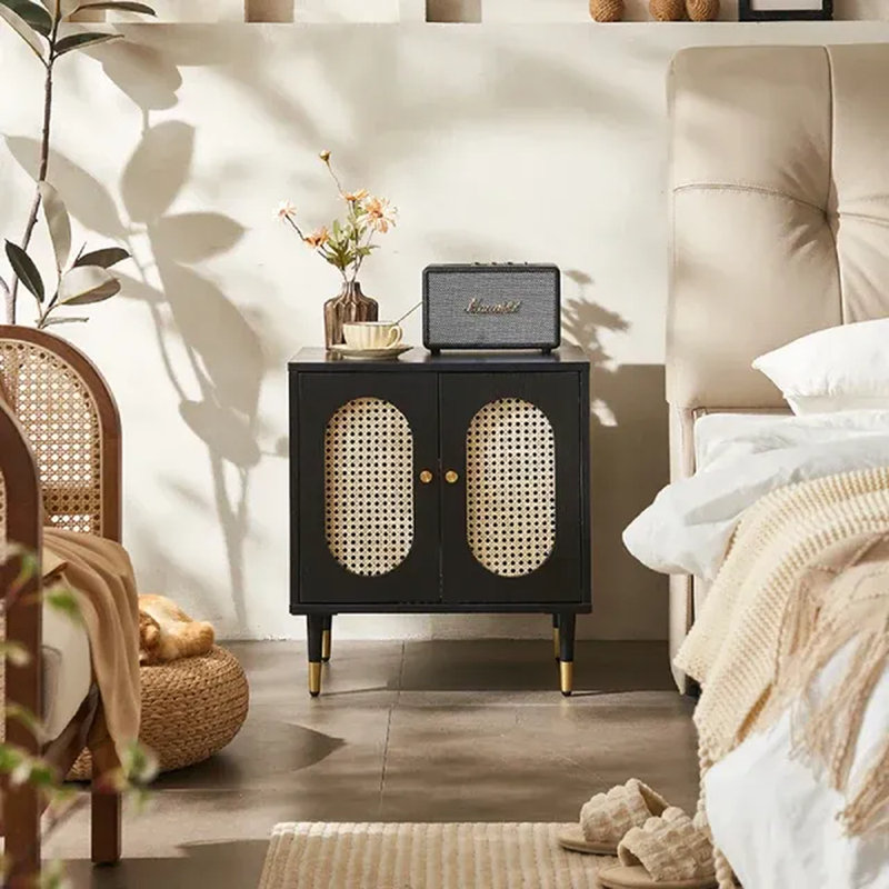 Lille 2 Door Rattan Bedside Cabinet, Black