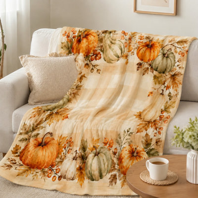 Cozy Autumn Pumpkin Throw Blanket, Fall Harvest Leaf Design Plush Bed Blanket for Sofa, Couch, Bedroom, Living Room Home Decor