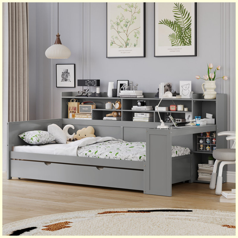 Lit de jour en bois avec tablettes de rangement, lit multifonctionnel avec lit gigogne simple et bureau, Complet/Double