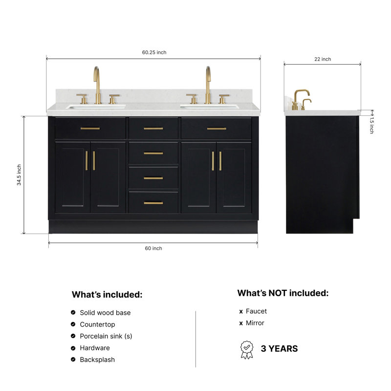Meuble-lavabo double en bois massif Thornaby avec plateau en quartz Carrara de 1,5 po, Forme rectangulaire