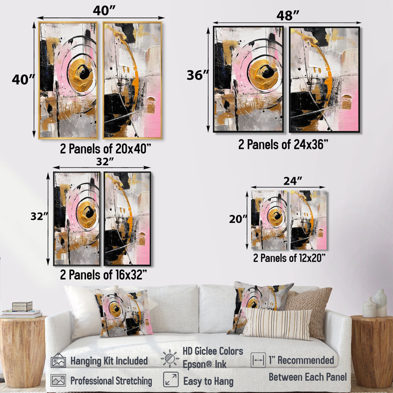 Rose blanc symétrique rencontre - 2 panneaux de décoration murale moderne, Black, 36" H x 48" W