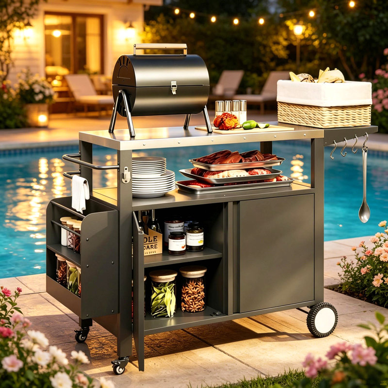 Îlot de cuisine pratique, table de chariot de gril mobile, table de four, chariot de bar polyvalent