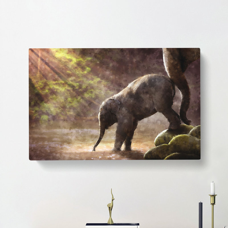 Mother Elephant Encouraging Baby - Wrapped Canvas, 40cm H x 60cm W x 3cm D