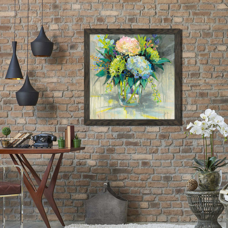 Hortensias du jardin - Peinture, Cadre chocolat patiné, H 31,5 po x l 31,5 po x P 1 po