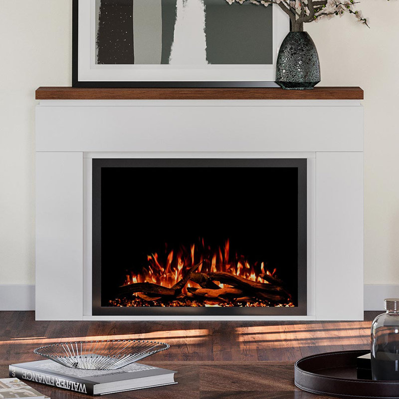 Modern Ember Sabrina Smart Electric Fireplace Mantel Package | 33” Firebox Heater | Sleek Design W/Walnut Finish Mantel