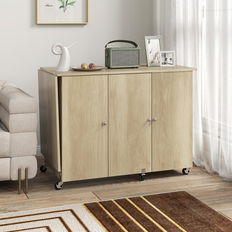 Table de couture pliante avec abattant, table de bricolage roulante, naturel, Bois naturel