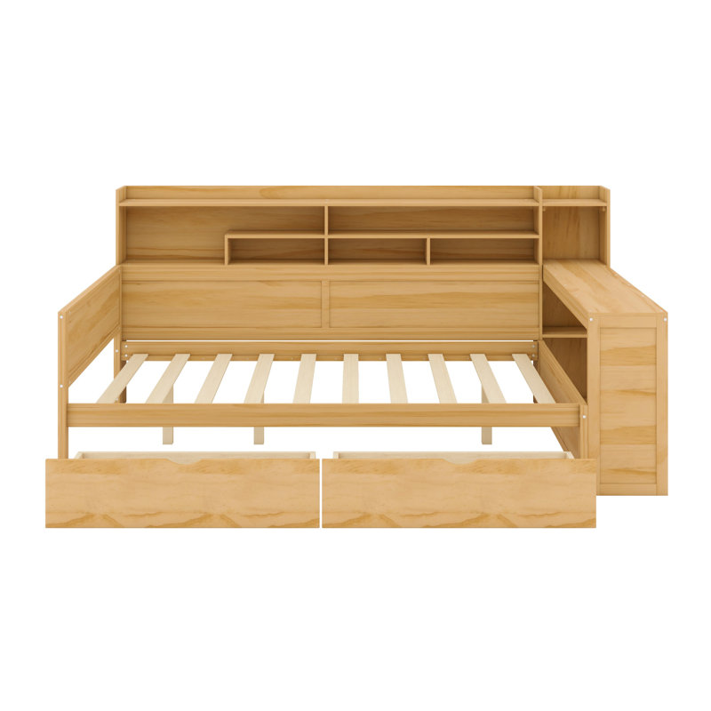 Lit de jour avec tablettes de rangement, lit multifonctionnel avec deux tiroirs de rangement et bureau d'étude, Naturel