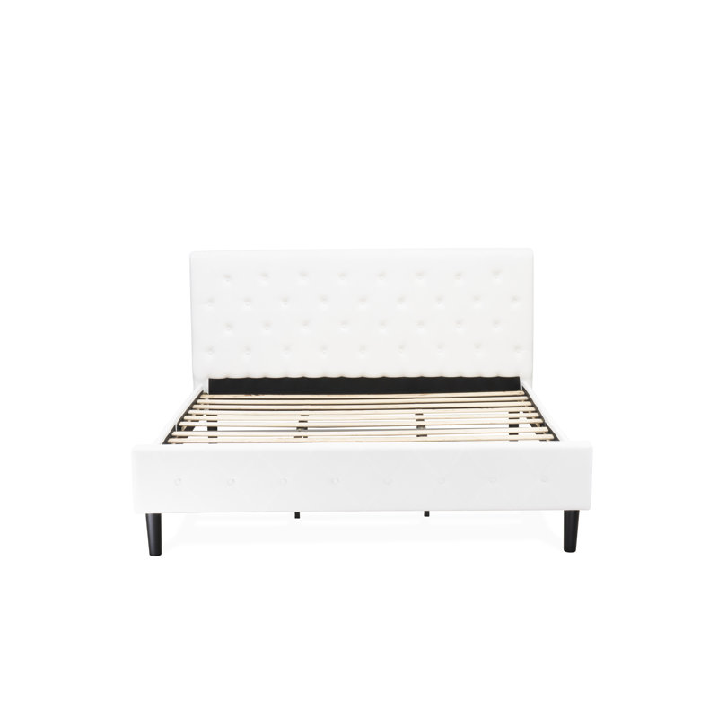Ensemble de chambre à coucher très grand 3 pièces - Lit en bois touffeté à boutons - Tête de lit tapissier en tissu de velours blanc lin et table de chevet au fini gris urbain