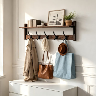 Rustic Wall Mounted Coat Rack with Shelf, Entryway Hooks with Storage Shelf, Farmhouse Coat Hangers for Bathroom, Living Room, Bedroom, Laundry Room,
