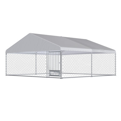 13'x13' Large Outdoor Dog Kennel, Heavy Duty Outdoor Dog Kennel With Waterproof Cover And Rotating Feeder, Galvanized Steel Metal Outside Dog Kennel W