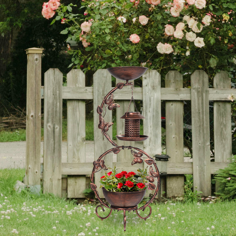 37.8 Inch Blue Bird Bath With Solar Bird Feeders And Planter , Brown