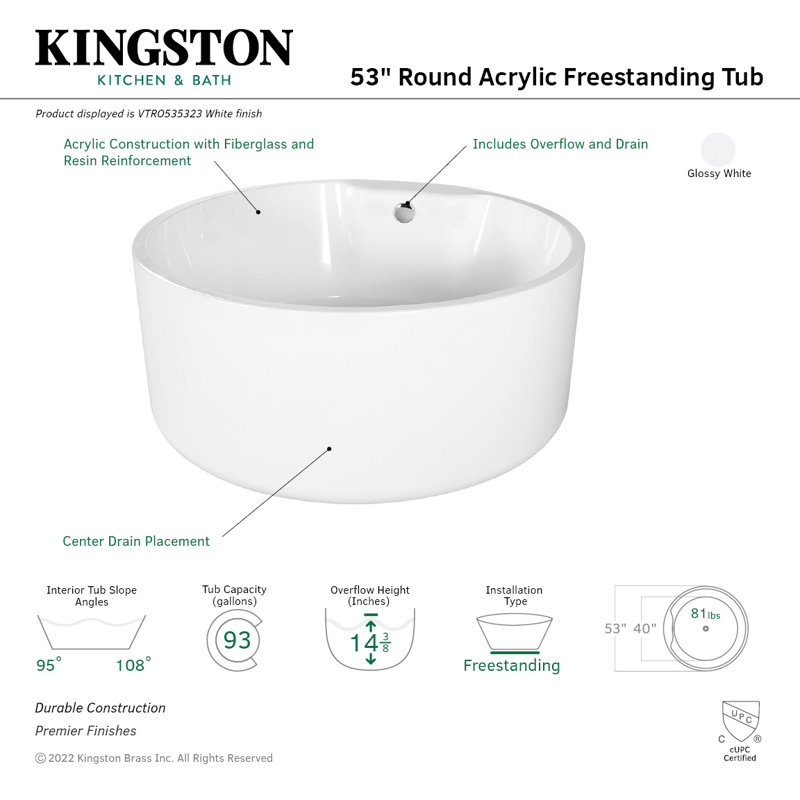 Kingston Brass Aqua Eden 53-Inch Acrylic Round Double Ended Freestanding Tub with Drain