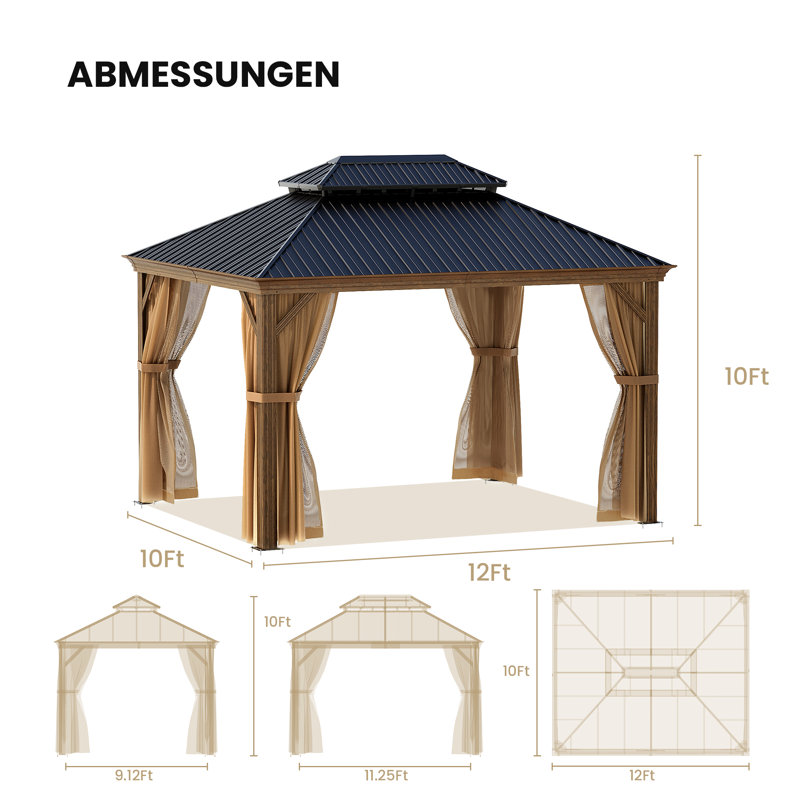Pavillon de jardin en métal à toit double et toit rigide, L 126 po x L 144 po, Noyer