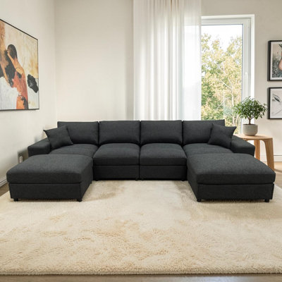 Canapé modulaire en lin de 134 po avec deux repose-pieds et coussins décoratifs Wilroy