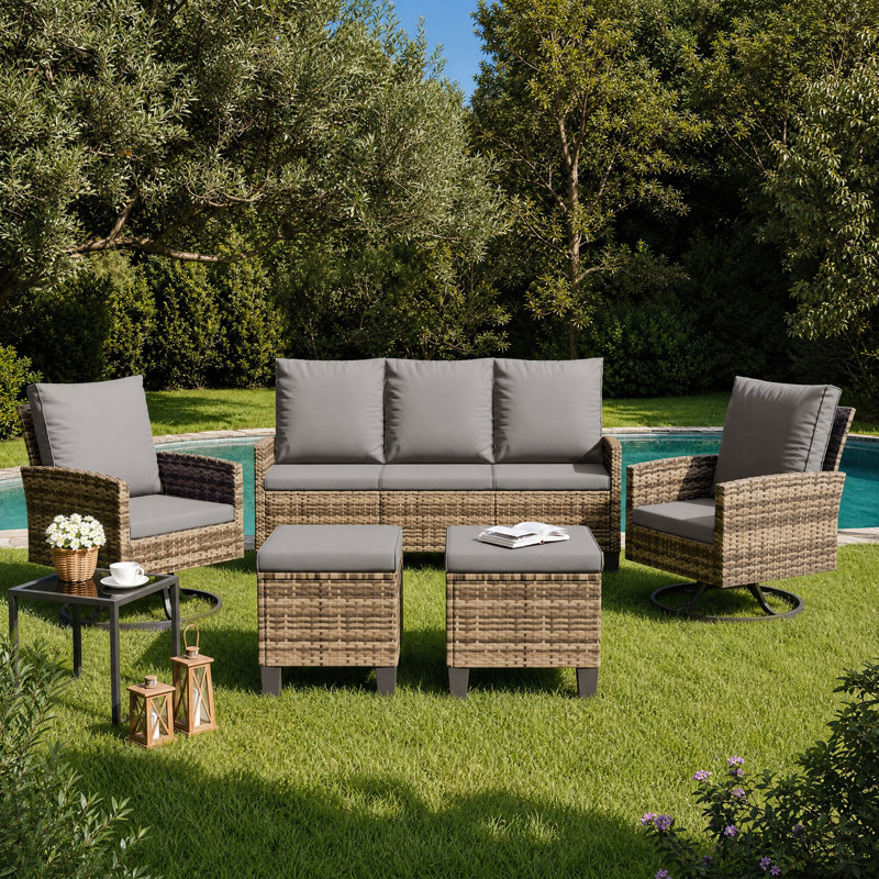 Ensemble de conversation modulaire en osier pour 5 personnes avec repose-pieds, Gray, Yellow