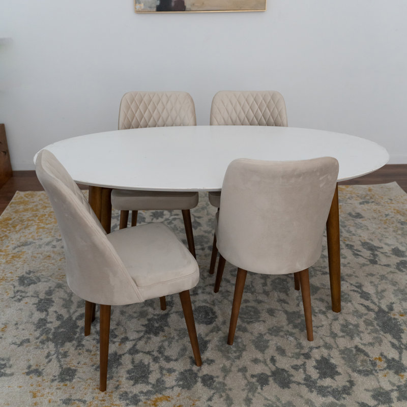 Ensemble de salle à manger ovale en bois massif pour 5 personnes avec chaises rembourrées en velours Gimpel, Beige, Blanc