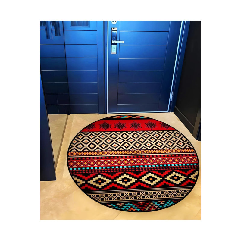 Red Black Ethnic Pattern Detailed Woven Base Modern Decorative Carpet, Round 2'8"