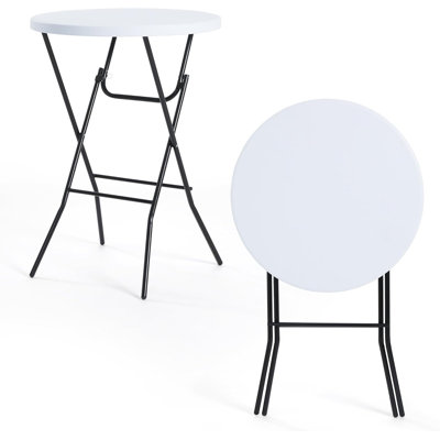 R80-2 shrink tubing 32-inch blow-molded folding round table with pull ring, white tabletop, black painted legs.