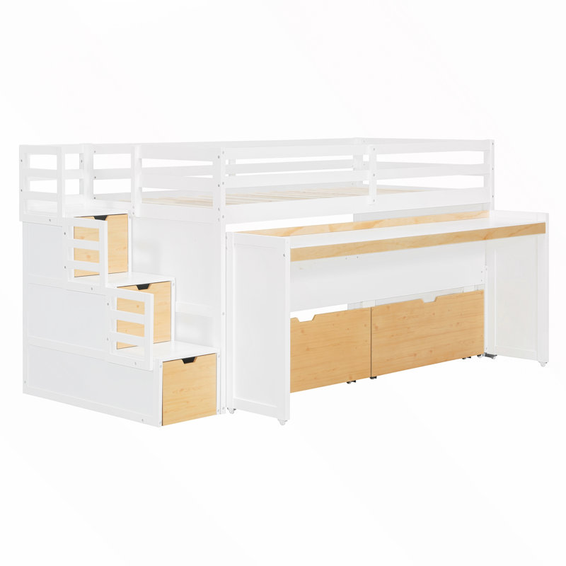 Lit mezzanine avec bureau coulissant, lit gigogne et marches de rangement, Extra-long Twin, White