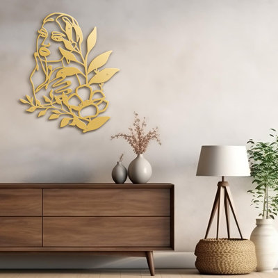 Female Face with Flower Bouquet Modern Abstract Wall Accent Sculpture Hanging Decoration Metal Wall Decor