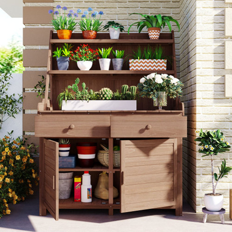 Banc de jardin, poste de travail avec tablette de rangement, tiroir et armoire, Brun