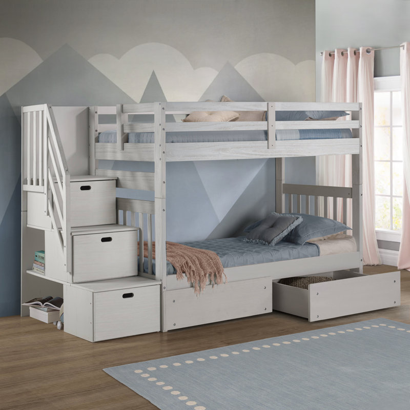 Ahmia Solid Wood Twin Over Twin Bunk Bed with Stairs and Drawers, White Mist