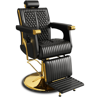 Fauteuil de coiffeur professionnel Mercer41, design classique noir et or, garniture dorée pour plus de luxe, fauteuil de salon inclinable avec appui-tête amovible, pivotant à 360 °, capacité de poids jusqu'à 440 lb
