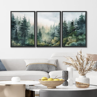 "Forêt enchantée, brume, aquarelle, pin, paysage, nature, désert, illustrations, décor moderne", 3 pièces