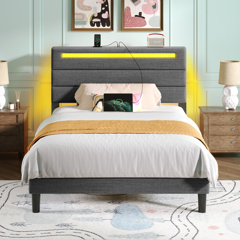 Lit plateforme avec tête de lit tapissier, cadre de lit avec lumières DEL et station de charge, gris, Simple