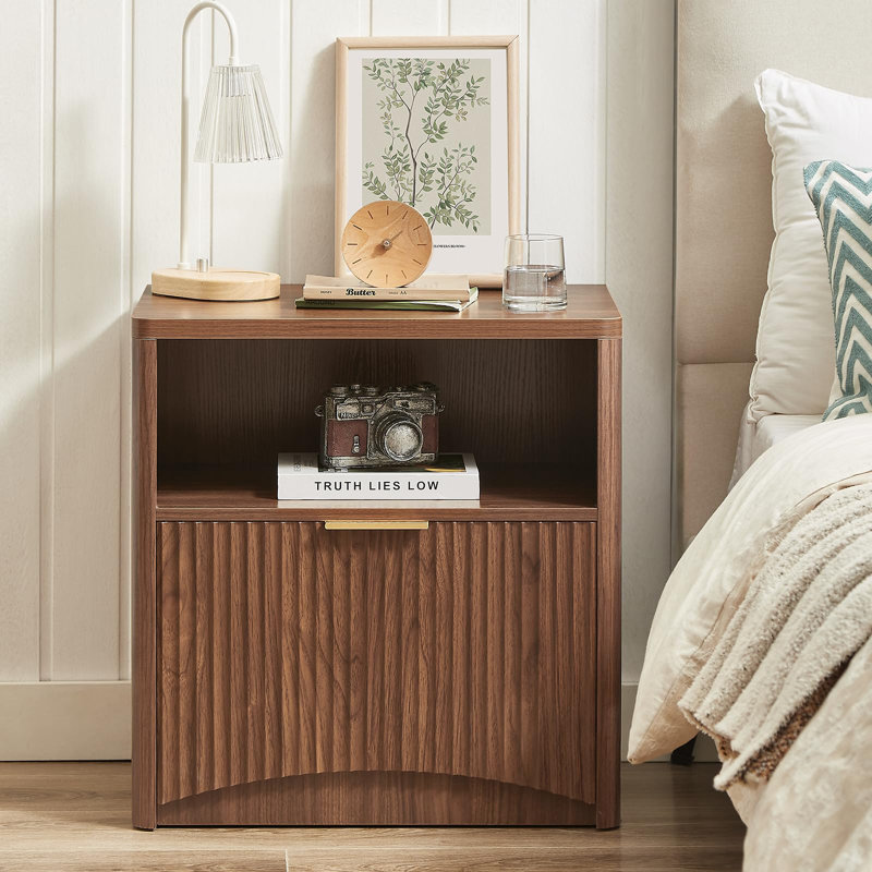 Mid Century Modern Nightstand With Drawers, Wood Fluted Bedside Table With Storage, Set of 2, Brown